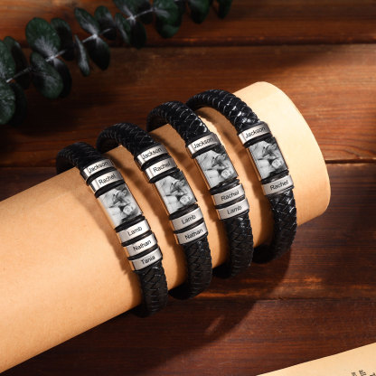 Pulsera de Cueros Trenzados Aros Personalizados de 2-5 Nombres y Placa de Foto-Jessemade ES