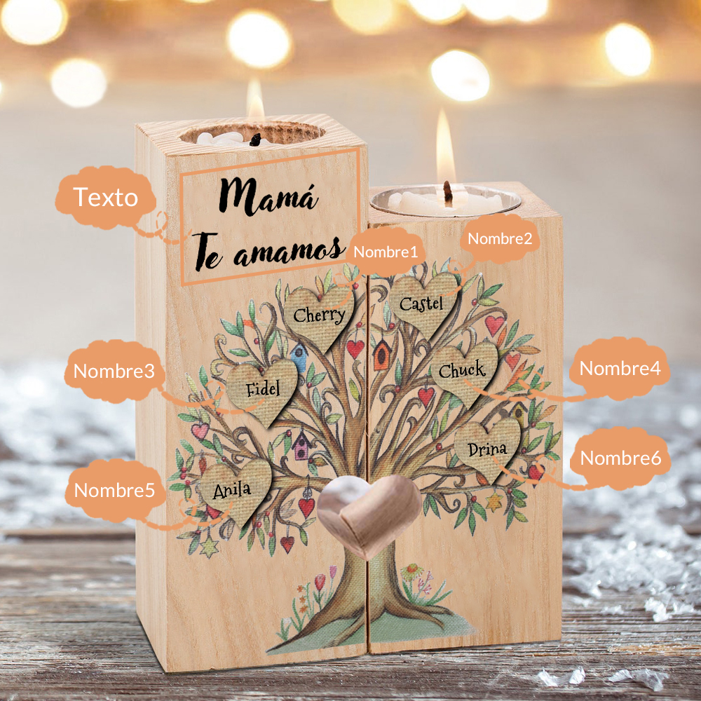 A la familia-Candelero de árbol de la vida de madera personalizado con 3-8 nombres y 1 texto sin vela-Jessemade ES