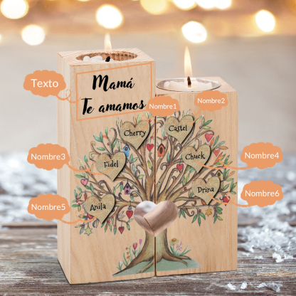A la familia-Candelero de árbol de la vida de madera personalizado con 3-8 nombres y 1 texto sin vela-Jessemade ES