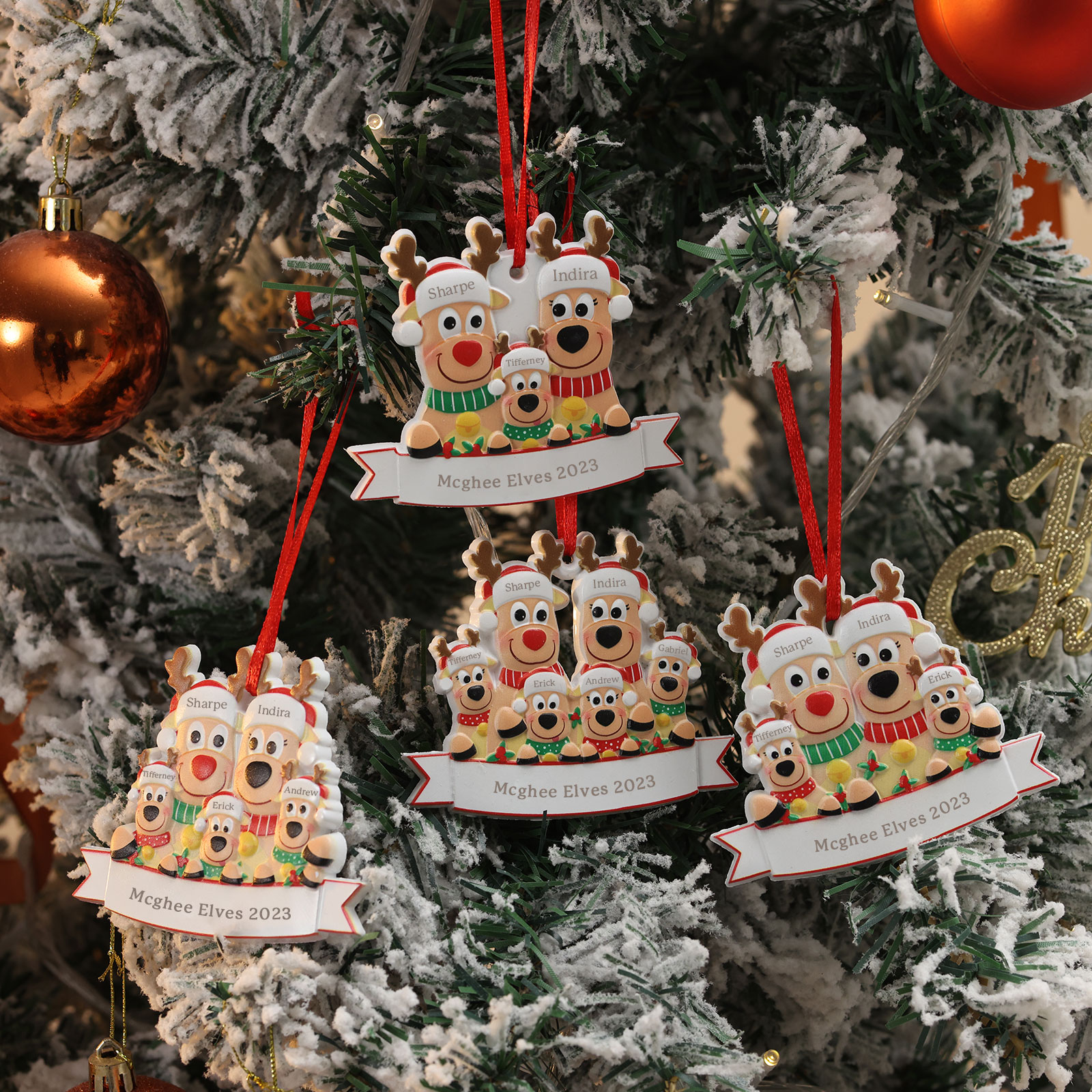 Navidad-Ornamento con muñecos familia de renos 3 nombres personalizados con texto adorno de árbol