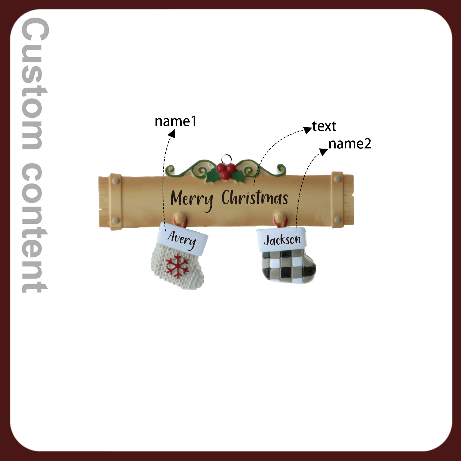 Navidad-Ornamento muñecos navideño de madera calcetines 2 nombres y 1 texto personalizados adorno del árbol-Jessemade ES
