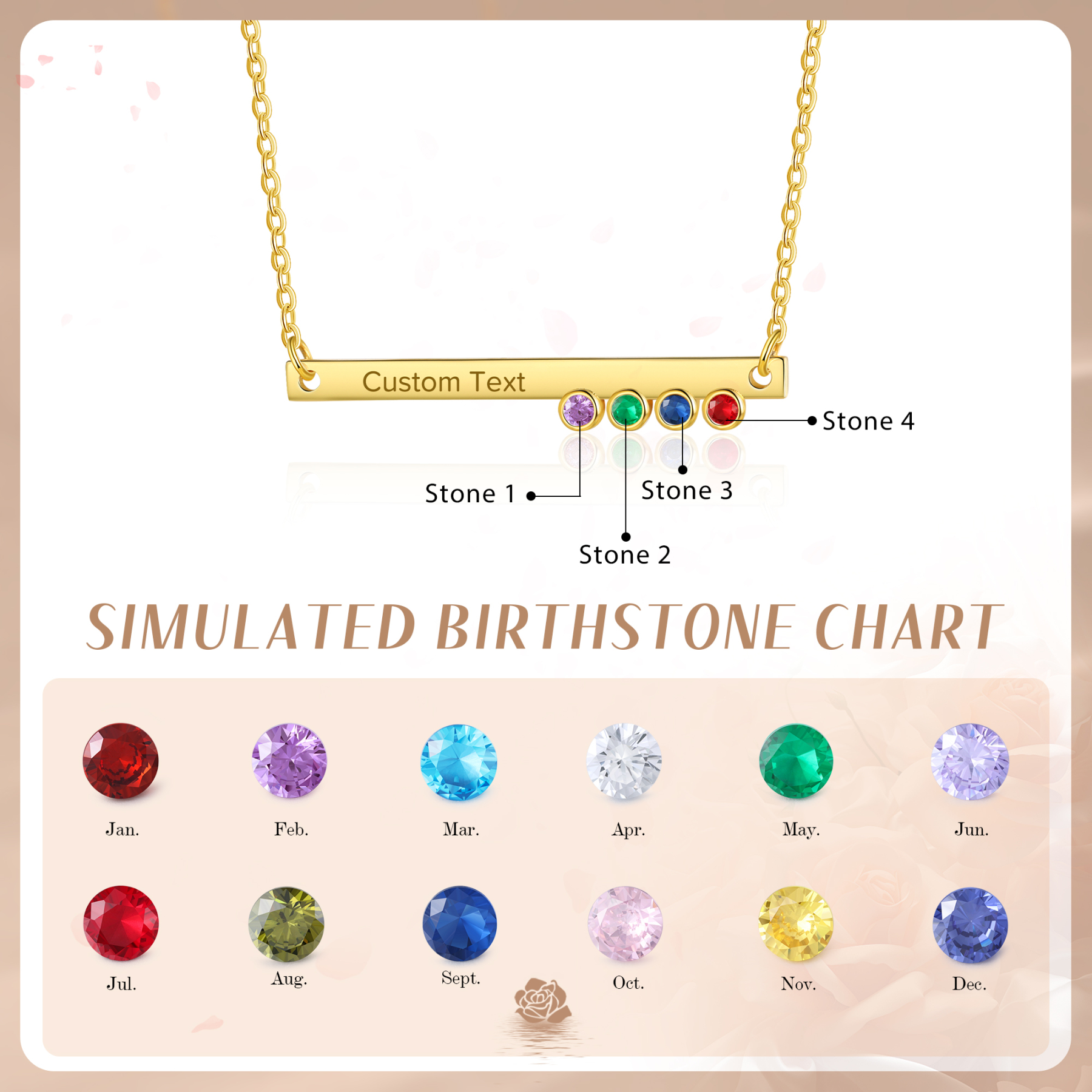 Collar con colgante de placa con 1-4 piedras de nacimiento personalizadas con texto-Jessemade ES