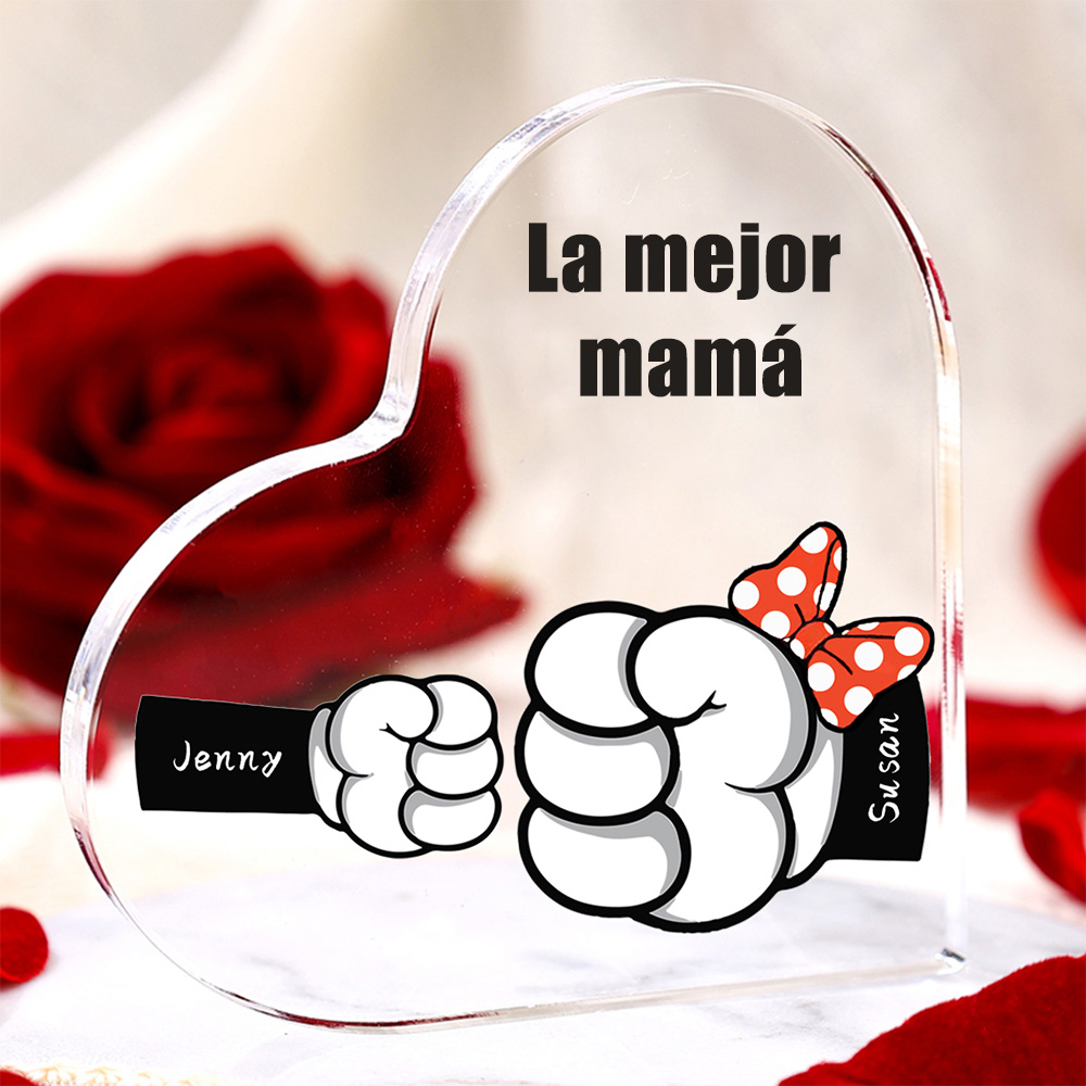 A mi mamá/abuela-Placa de acrílico "Puños" en forma de corazón 2 nombres y 1 texto personalizados-Jessemade ES
