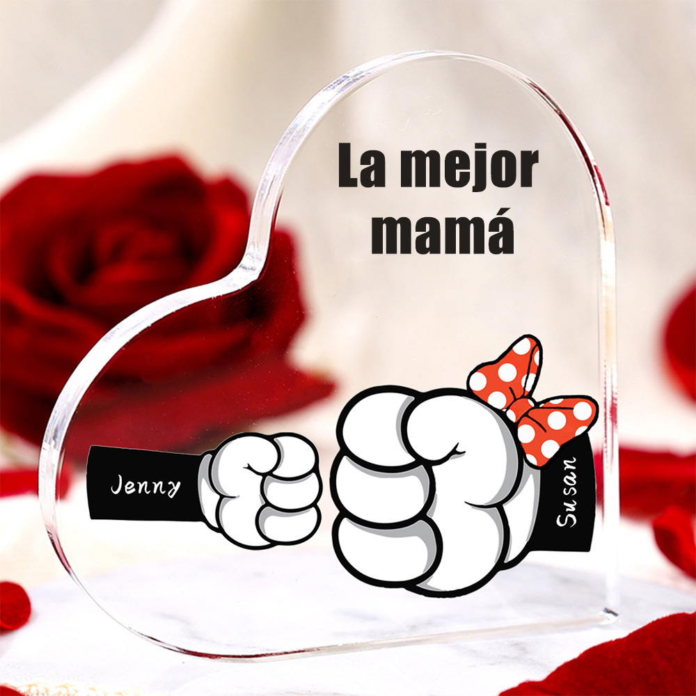A mi mamá/abuela-Placa de acrílico "Puños" en forma de corazón 2 nombres y 1 texto personalizados-Jessemade ES