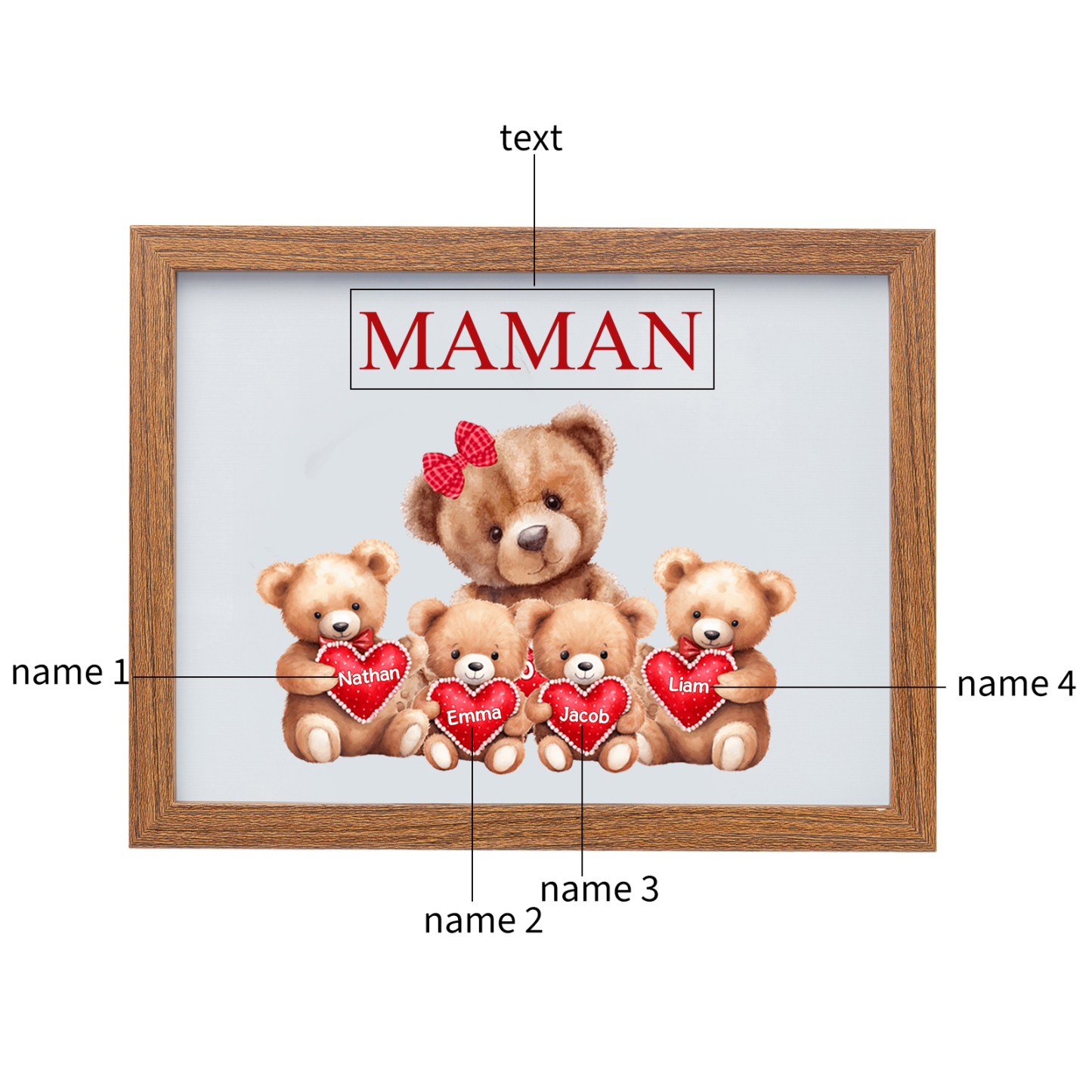 Marco con LED Familia de Osos 1-4 Nombres Personalizados con 1 Texto-Jessemade ES