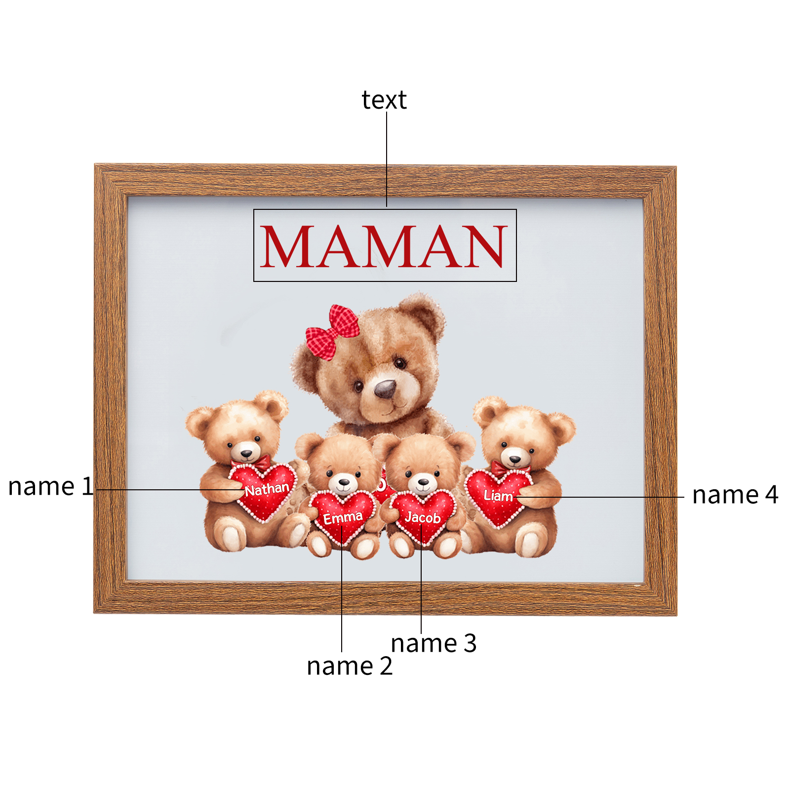 Marco con LED Familia de Osos 1-4 Nombres Personalizados con 1 Texto-Jessemade ES