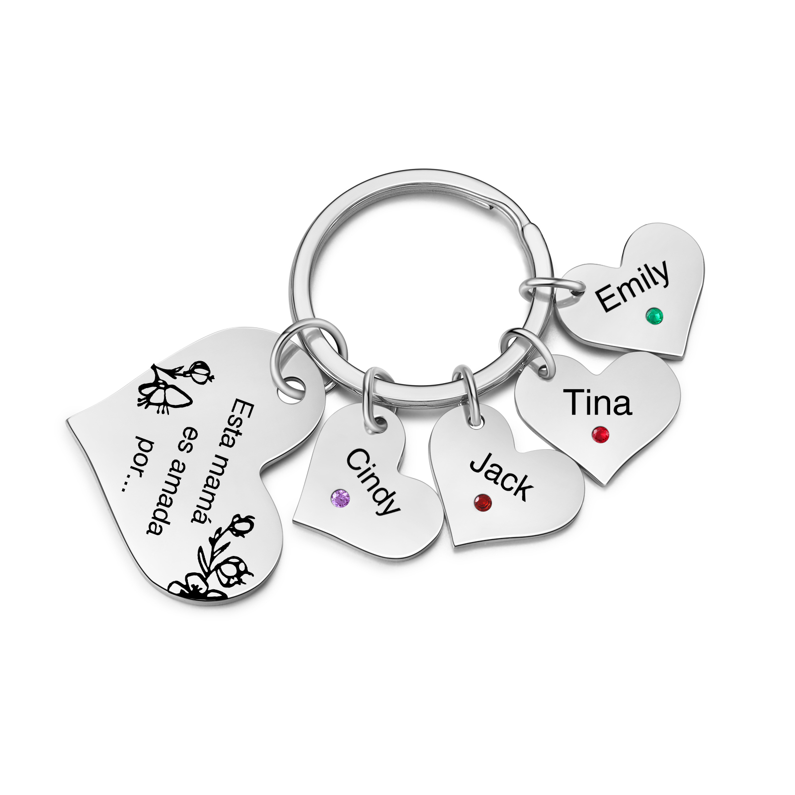 A mi mamá/abuela - Llavero con 4 nombres y piedras de nacimiento personalizados en corazones con texto-Jessemade ES