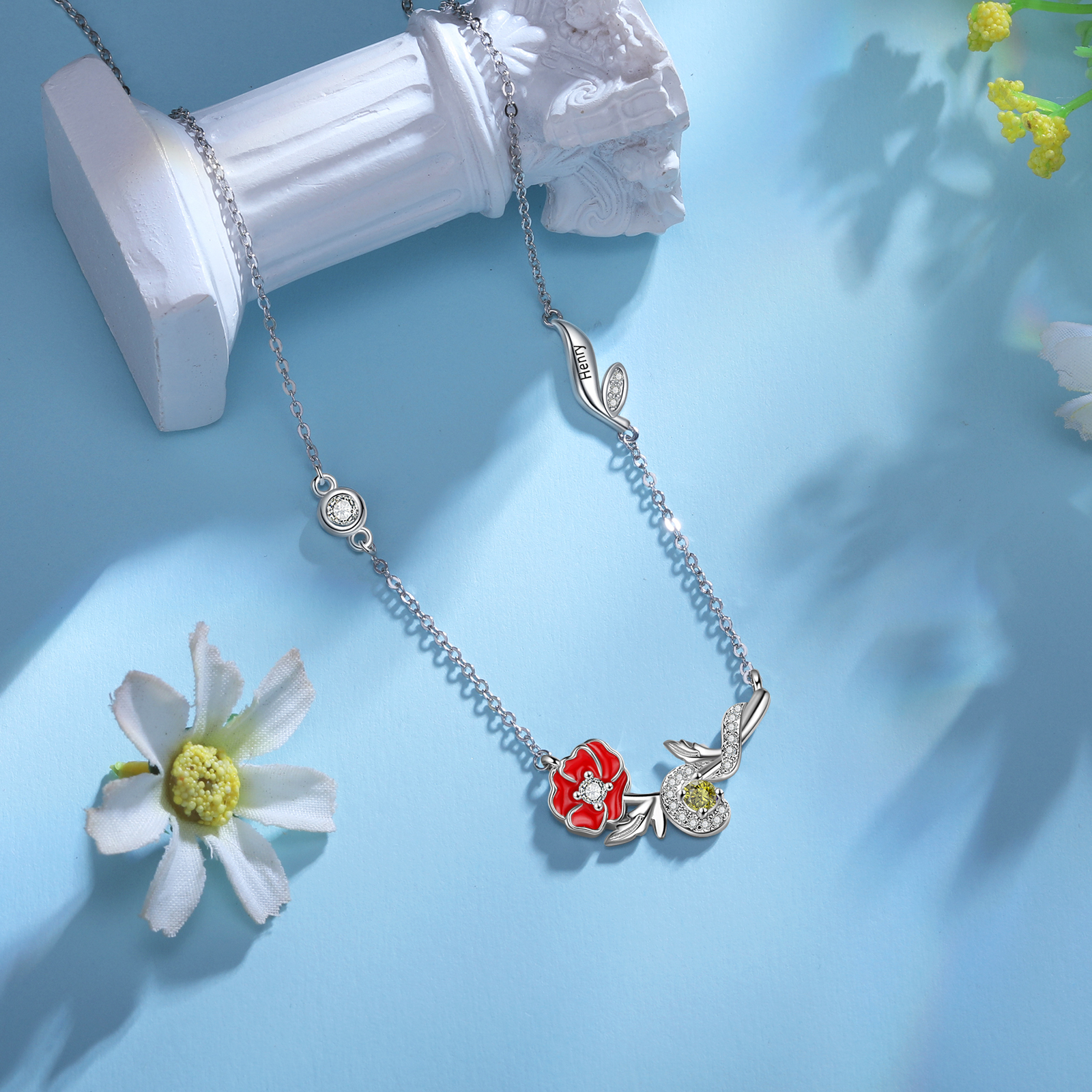 Collar de flor de agosto adormidera con nombre personalizado y piedra de nacimiento-Jessemade ES