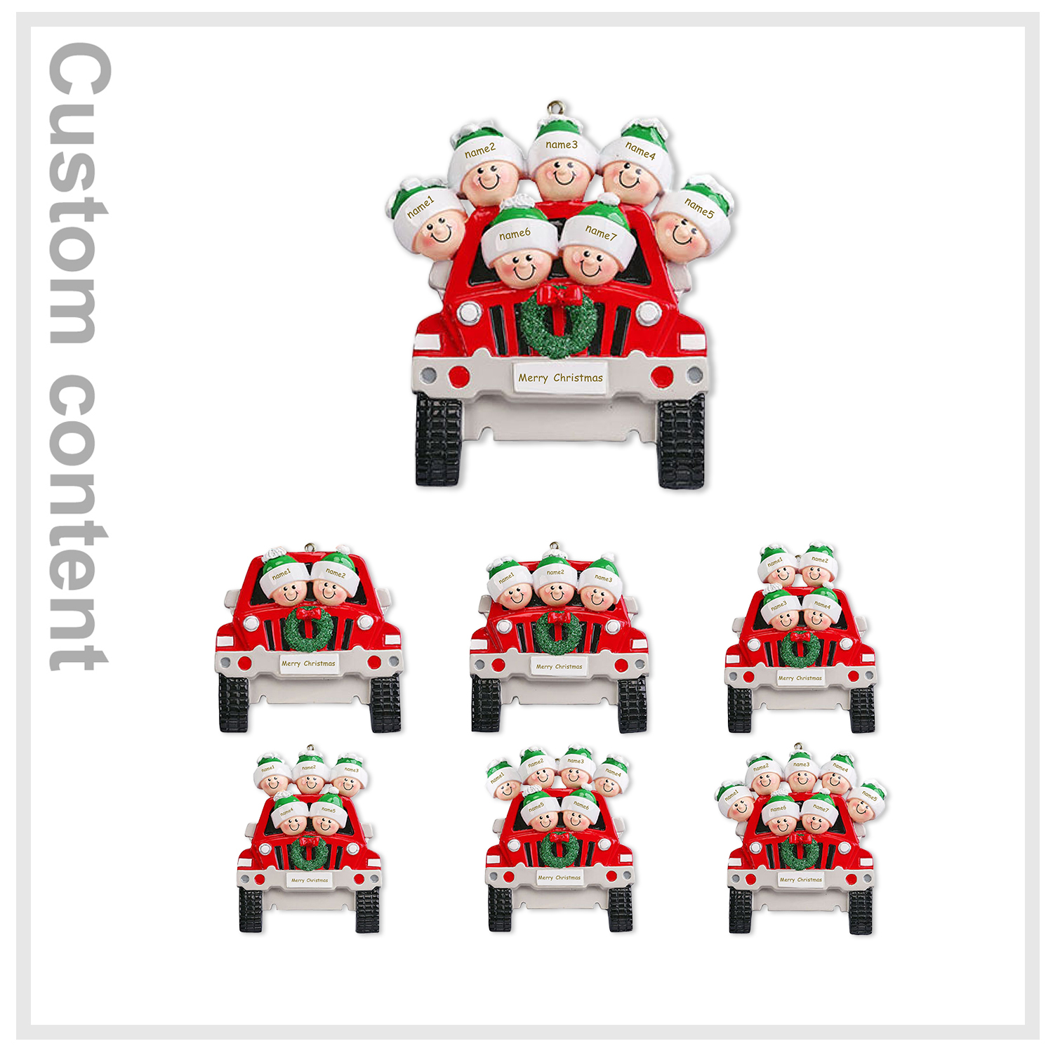 Navidad-Ornamentos con Muñecos Navideños en Coche 6 Nombres con Texto Personalizados Adorno de Resina