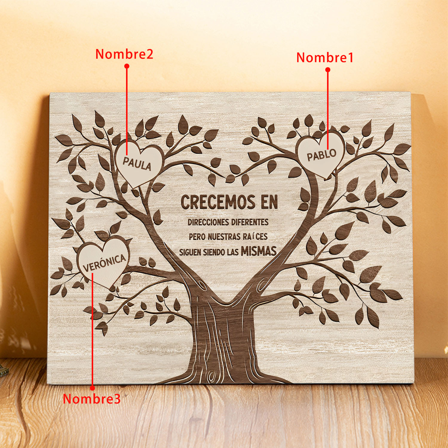 A mi familia-Lámina marco de madera Árbol de la Vida 3 nombres personalizados-Jessemade ES