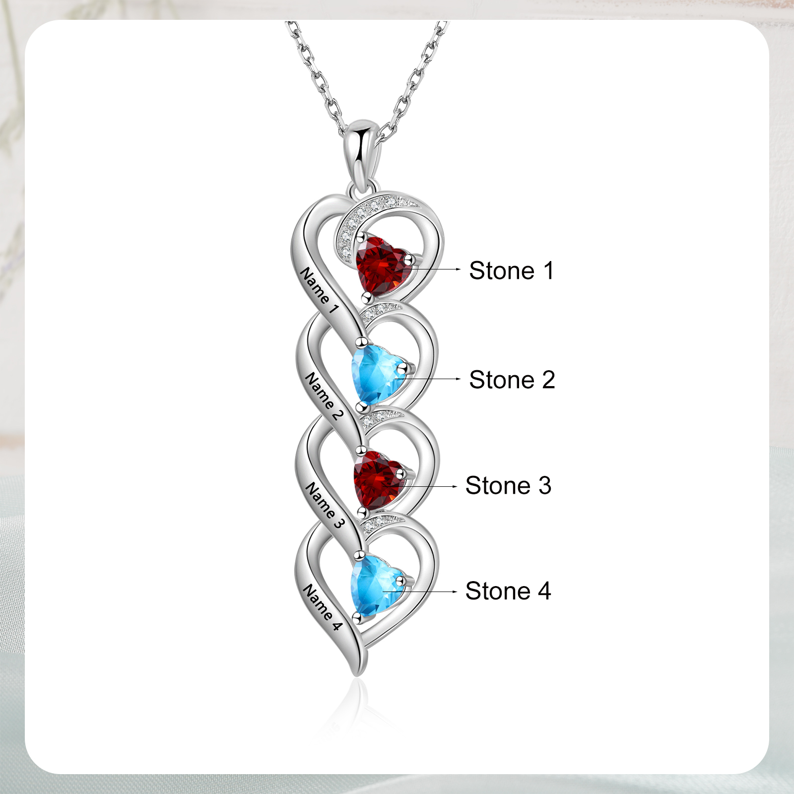 Collar de cuatro corazones con 4 nombres y piedras de nacimiento personalizados-Jessemade ES