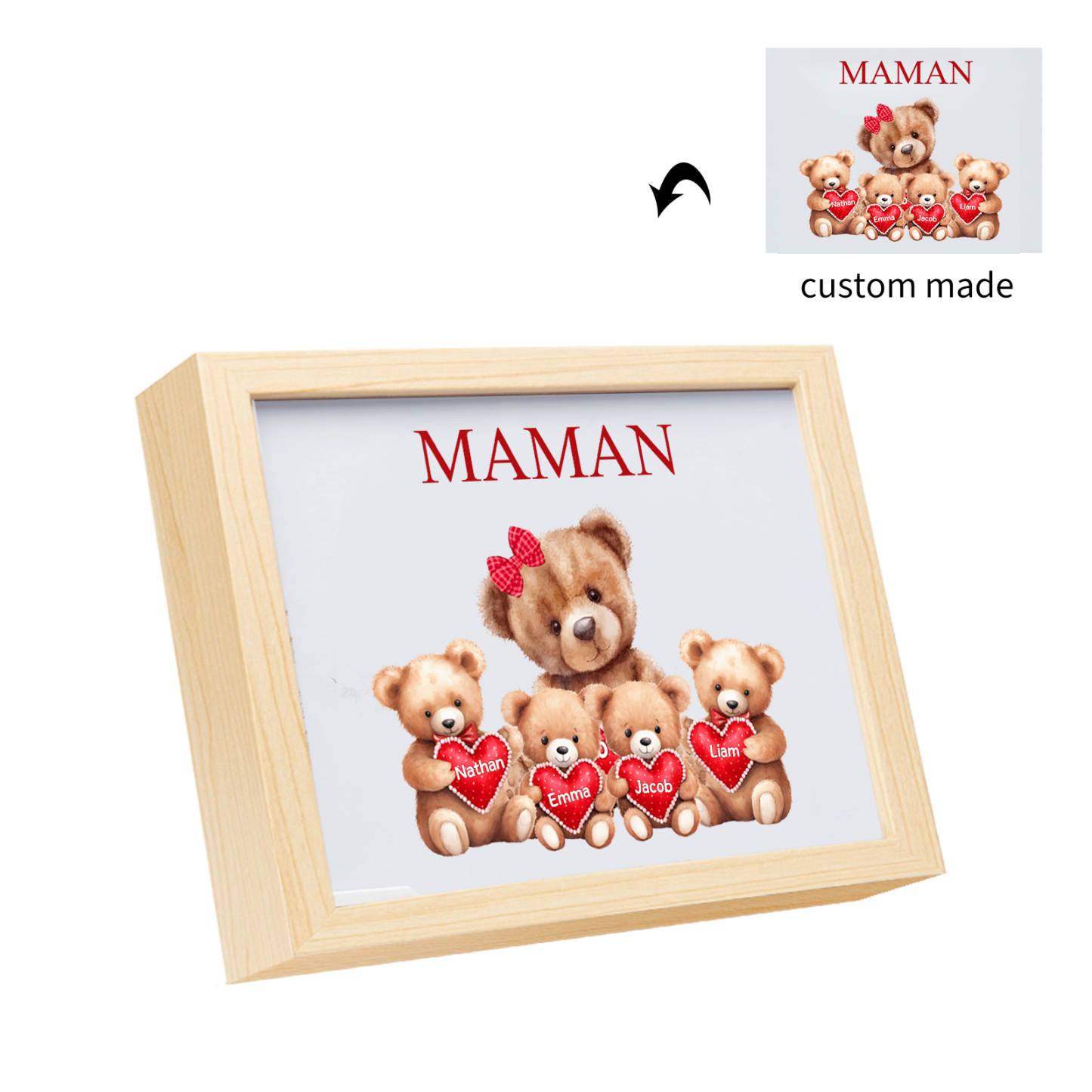 Marco con LED Familia de Osos 1-4 Nombres Personalizados con 1 Texto-Jessemade ES