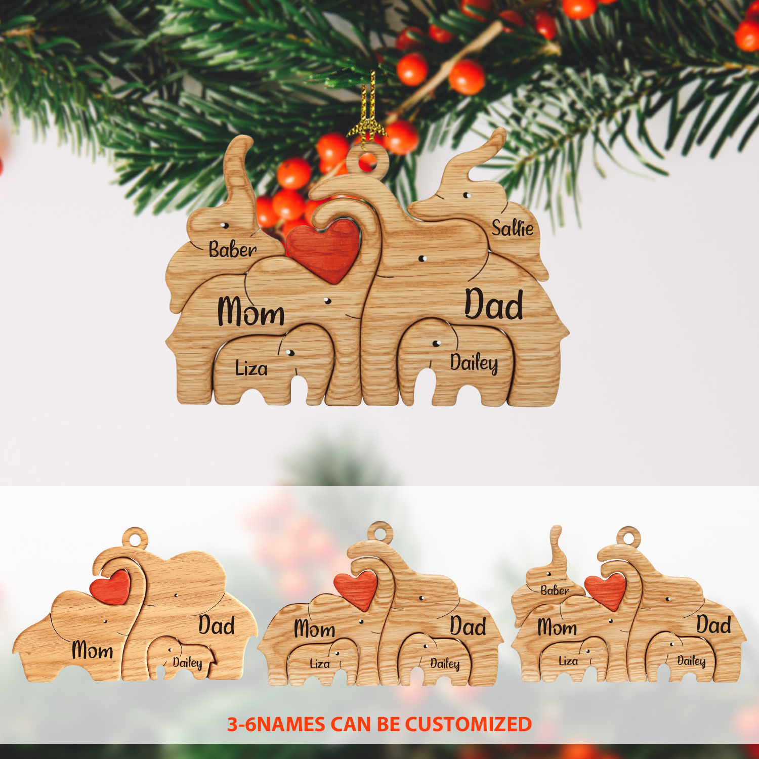 Navidad-Ornamento muñecos navideño de madera familia de elefantes 4 nombres personalizados adorno del árbol-Jessemade ES