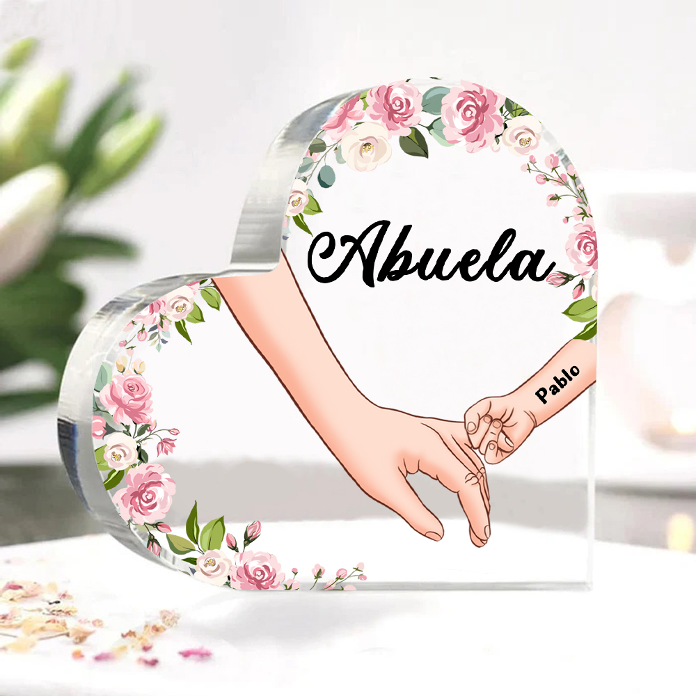 A mi mamá/abuela-Placa de acrílico en forma de corazón mano a mano con 1 texto y 1 nombre personalizado | Jessemade