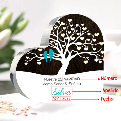 Navidad-Placa de acrílico en forma de corazón aniversario de navidad con número, fecha y apellido personalizados-Jessemade ES
