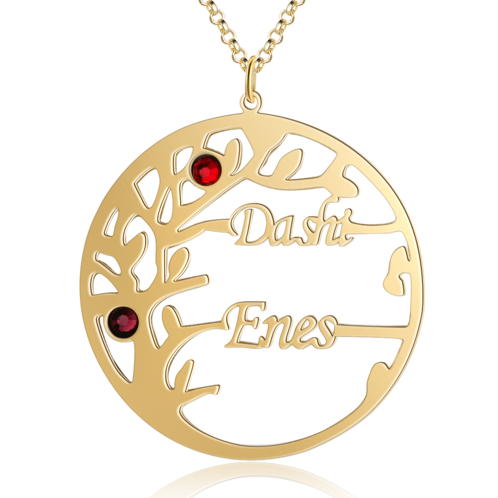 Collar de plata 925 Árbol de la Vida Árbol Genealógico 2 nombres y 2 piedras de nacimiento-Jessemade ES