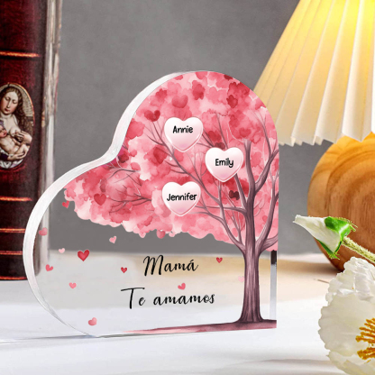 A mi mamá/abuela-Placa de acrílico "Árbol" en forma de corazón 3 nombres y 1 texto personalizados-Jessemade ES