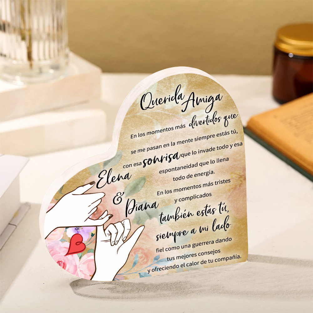 Placa de acrílico en forma de corazón para amiga con 2 nombres personalizados-Jessemade ES