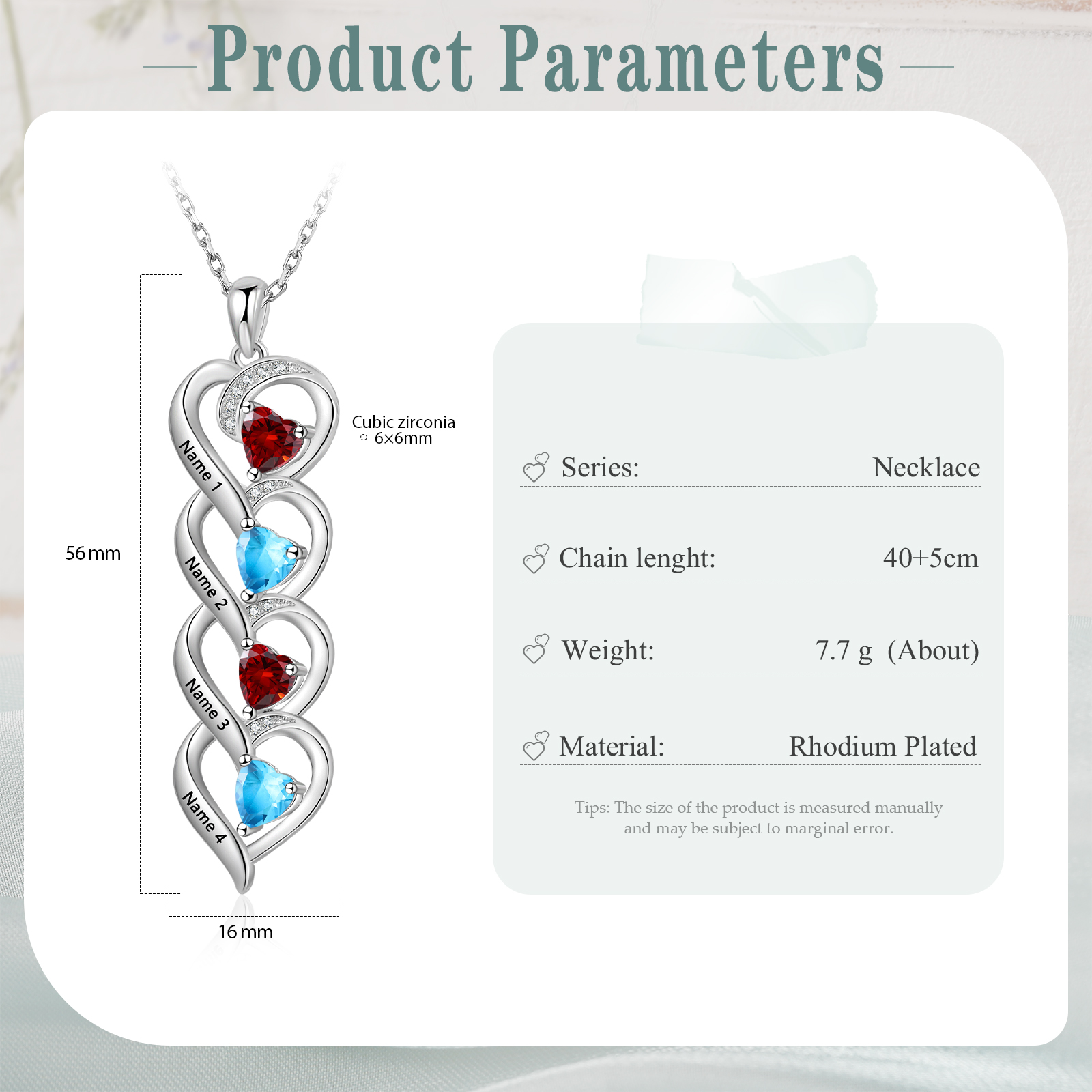 Collar de cuatro corazones con 4 nombres y piedras de nacimiento personalizados-Jessemade ES