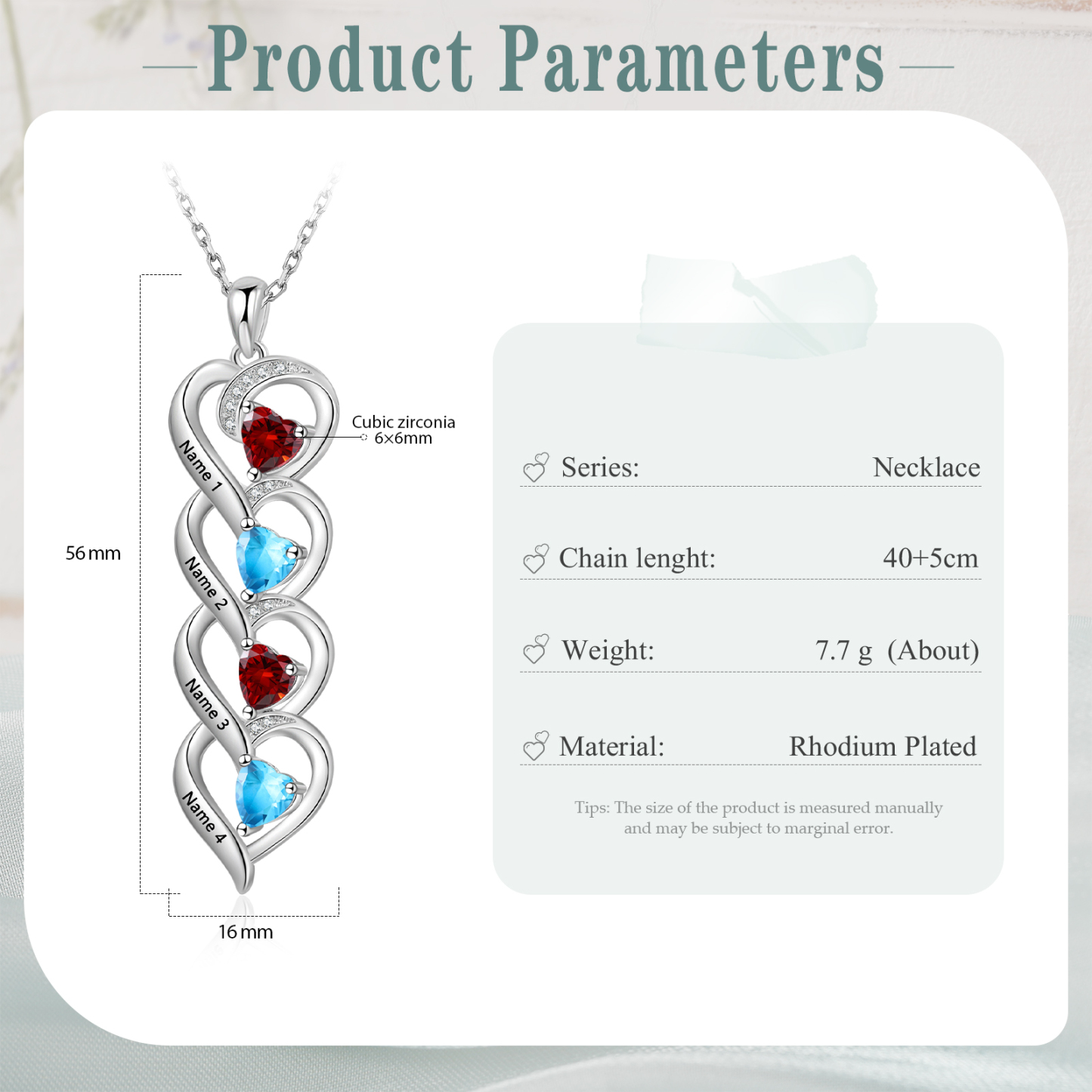 Collar de cuatro corazones con 4 nombres y piedras de nacimiento personalizados-Jessemade ES