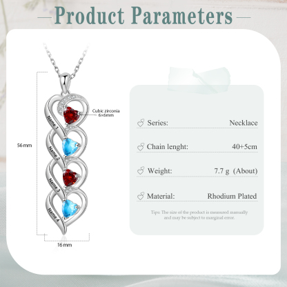 Collar de cuatro corazones con 4 nombres y piedras de nacimiento personalizados-Jessemade ES