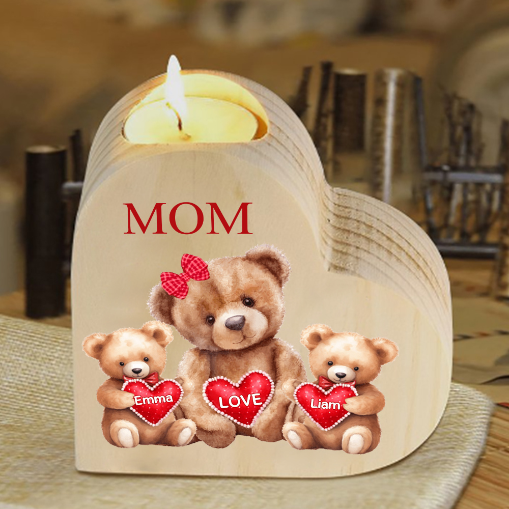 A mi mamá/abuela-Candelero osos 1-6 nombres y 1 texto personalizados en forma de corazón de madera sin candela-Jessemade ES