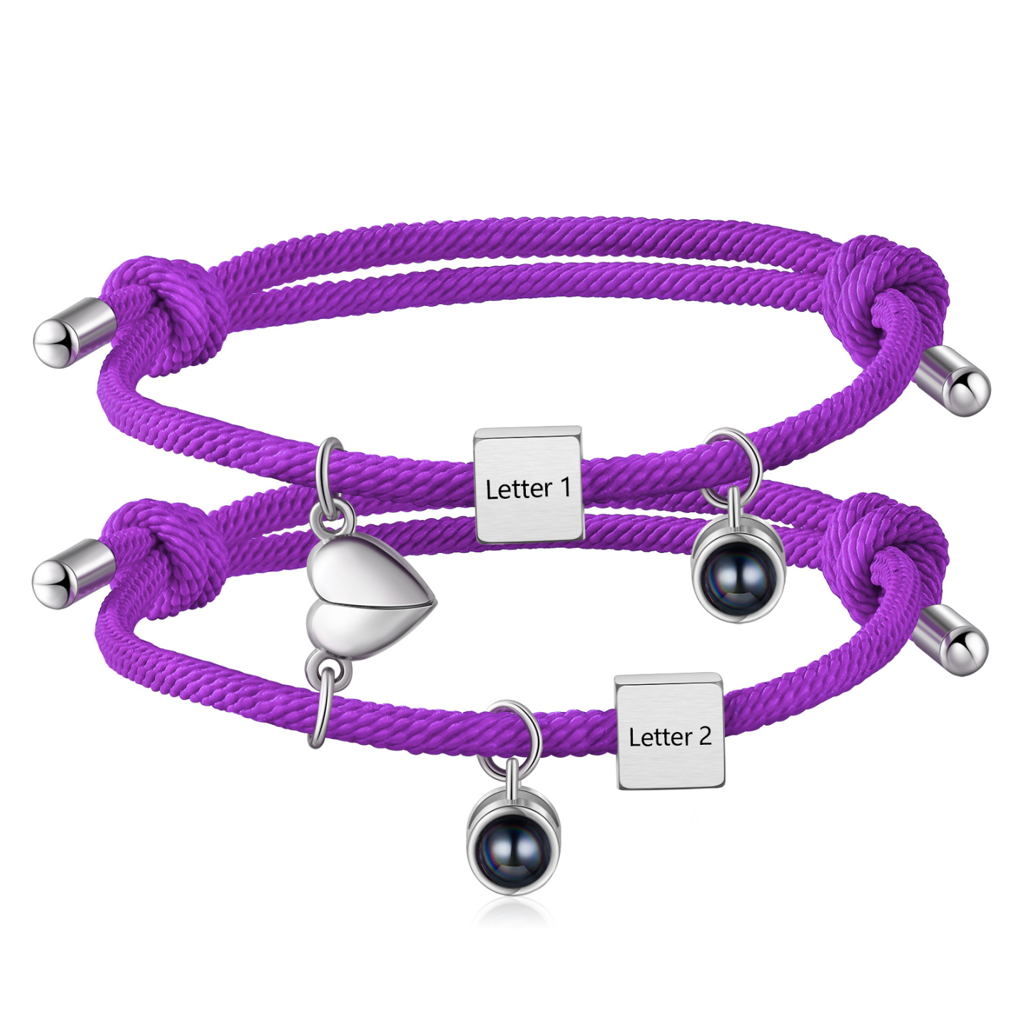 Pulsera de cuerda para pareja personalizada con 2 letras con proyección de foto y dije de corazón magnético-Jessemade ES