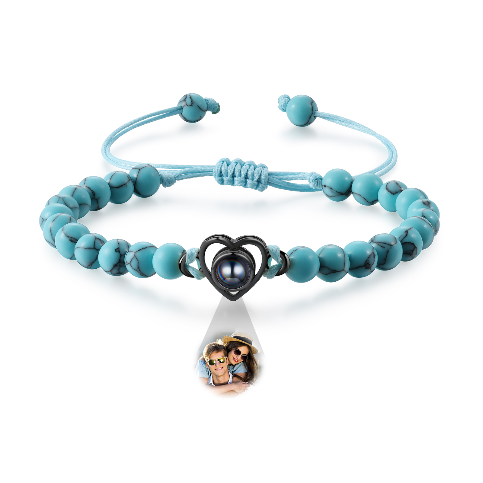 Pulsera de turquesa verde sintética con proyección de foto en color con dije de corazón pulsera ajustable-Jessemade ES