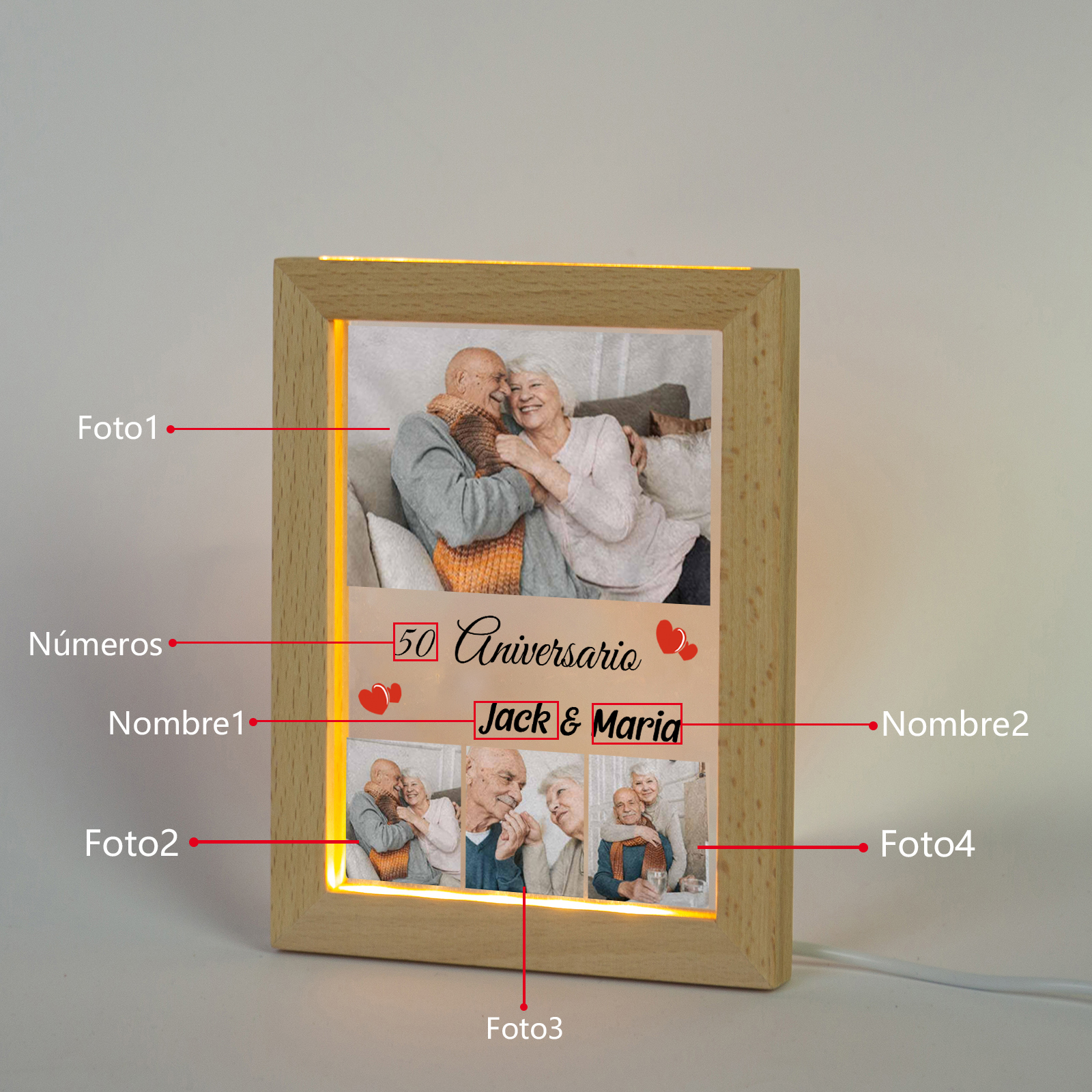 Marco con lámpara aniversario de 4 fotos de madera para pareja 2 nombres y número personalizados-Jessemade ES