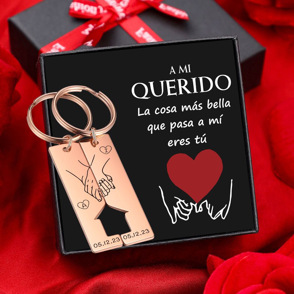 A mi querido-Llavero con casa encajada para pareja manos cogidas 2 letras personalizadas con fecha-Jessemade ES