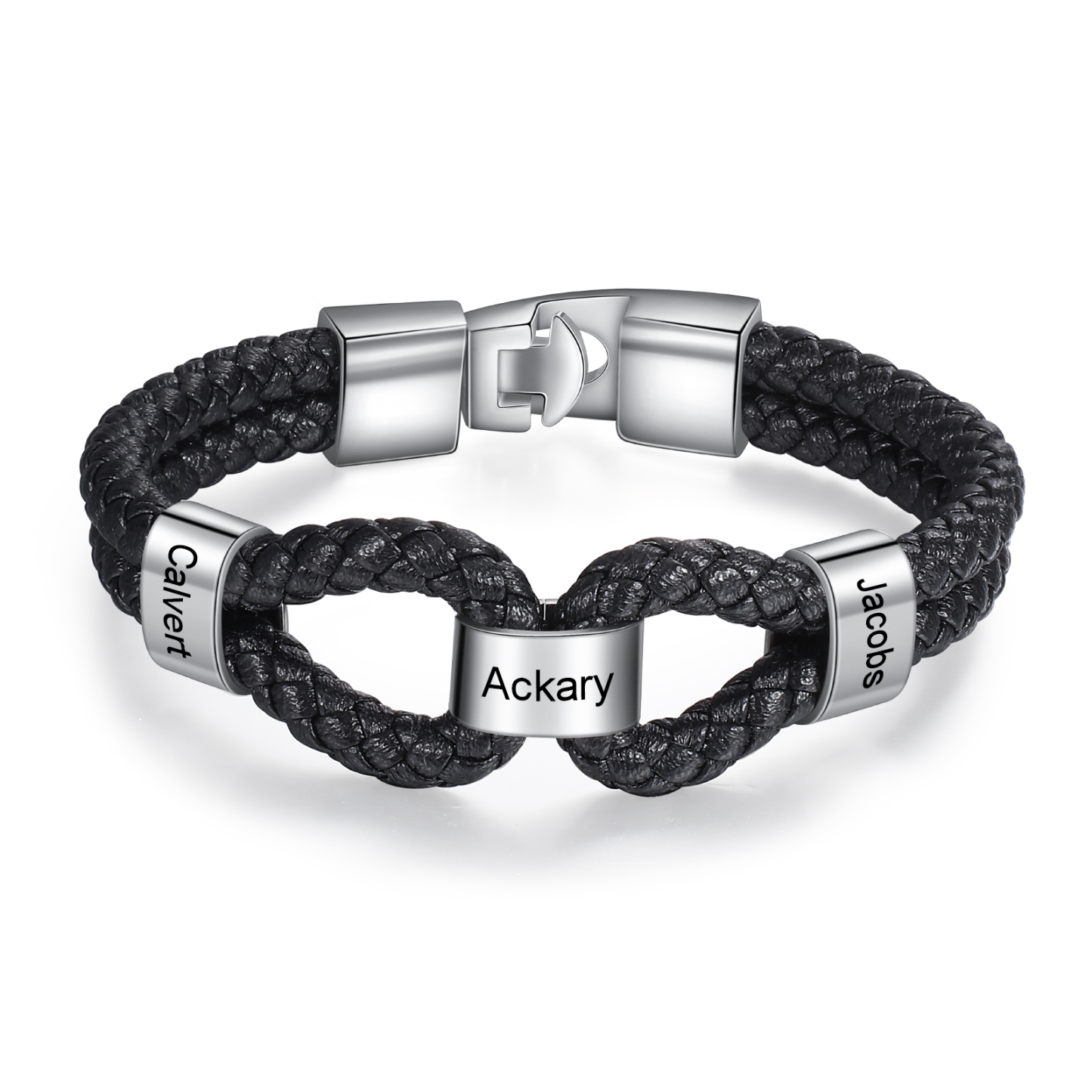 Pulsera 1-7 Nombres Personalizados de Cuero Trenzado con Aros-Jessemade ES