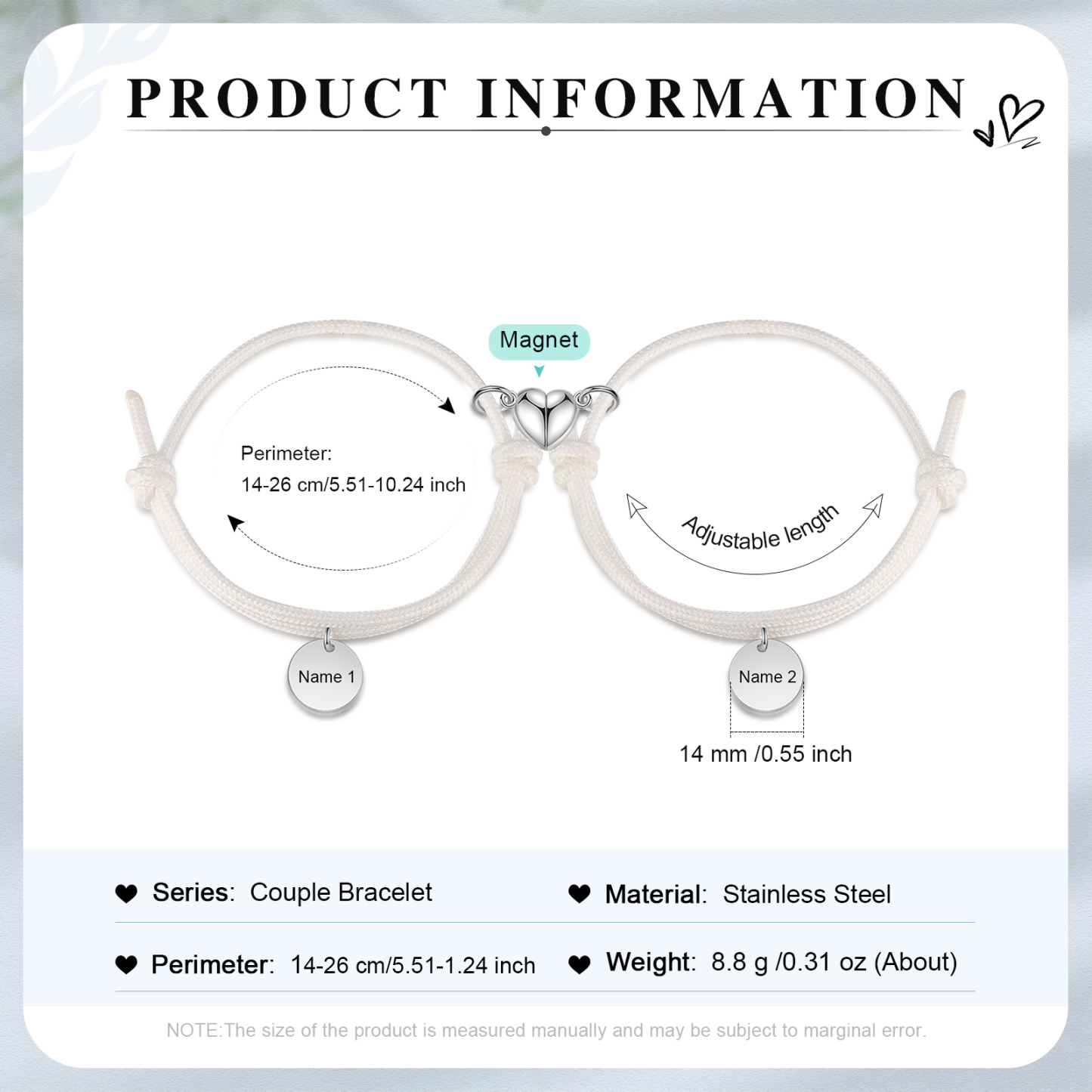 Pulseras de cuerda luminosa personalizadas para pareja con dije de corazón magnético grabado de dos nombres-Jessemade ES