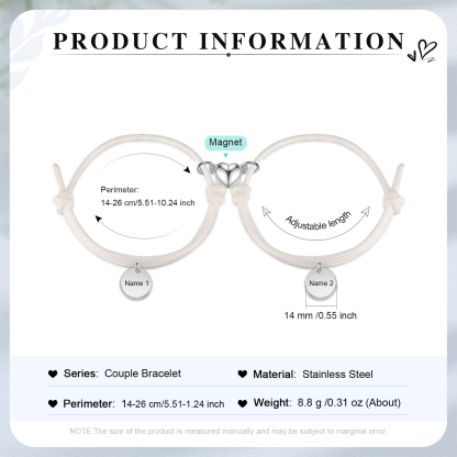 Pulseras de cuerda luminosa personalizadas para pareja con dije de corazón magnético grabado de dos nombres-Jessemade ES