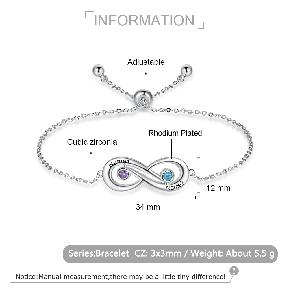 Pulsera infinito ajustable con 2 piedras de nacimiento y 2 nombres personalizados