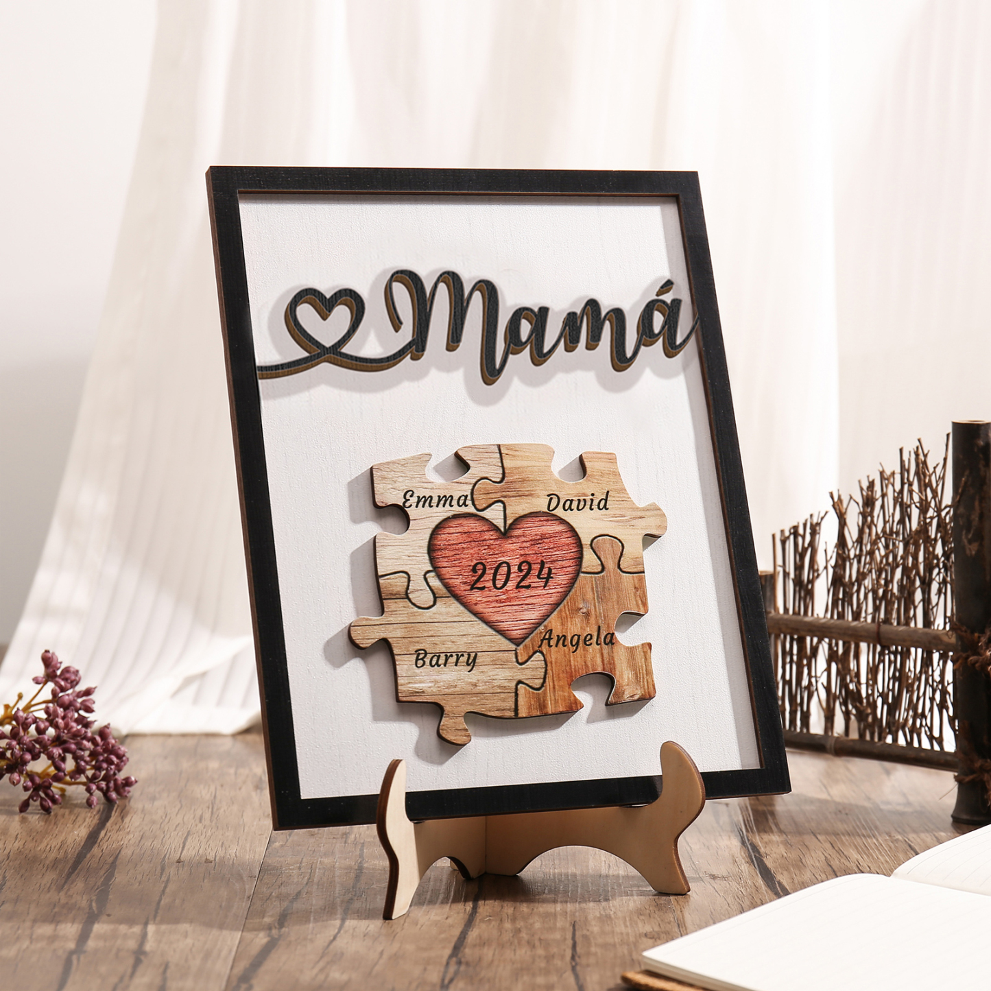 A mi mamá-Adorno 2-6 nombres y año personalizados decoración de madera rompecabezas-Jessemade ES
