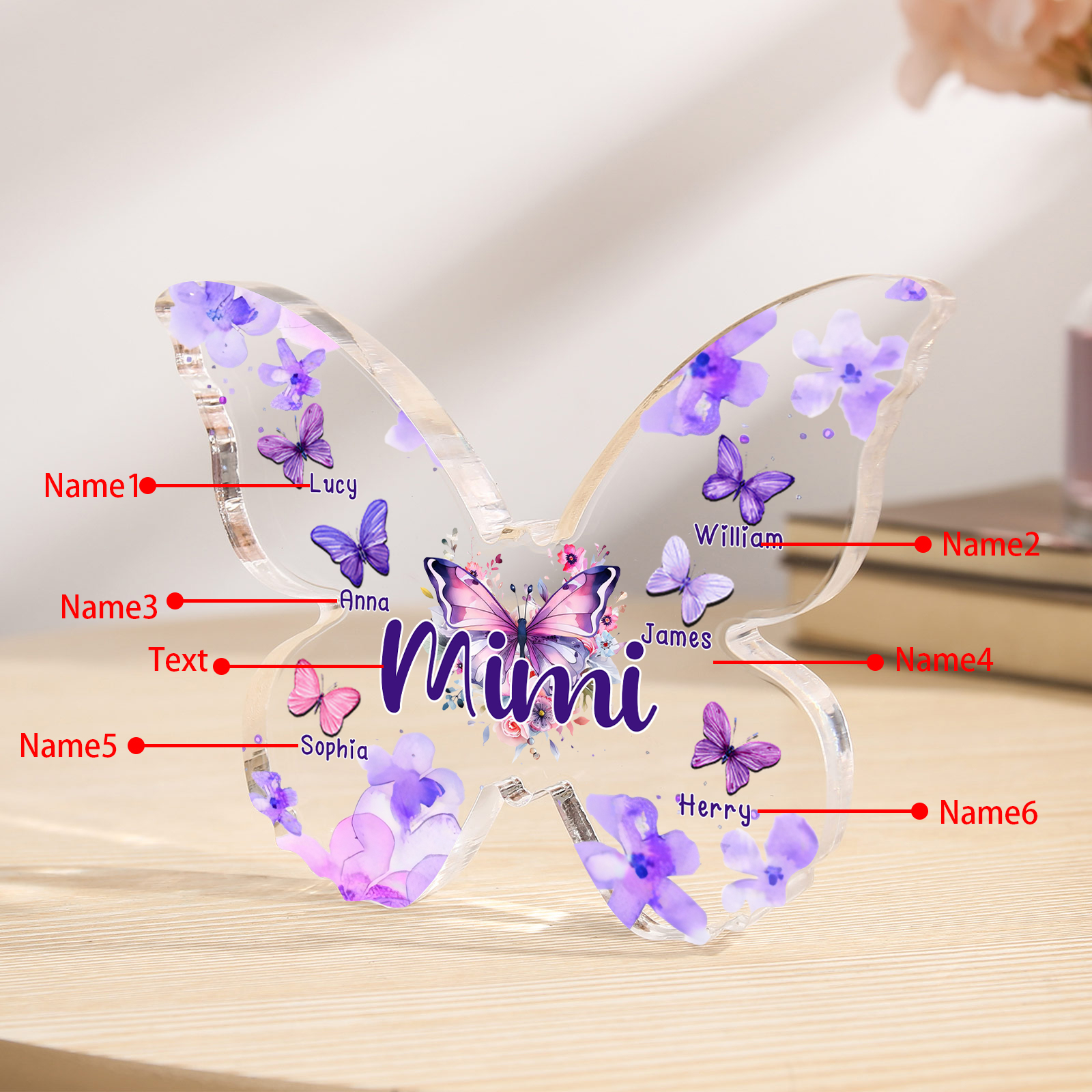 A mi mamá/abuela-Placa de acrílico "Mariposas" en forma de mariposa 6 nombres y 1 texto personalizados-Jessemade ES