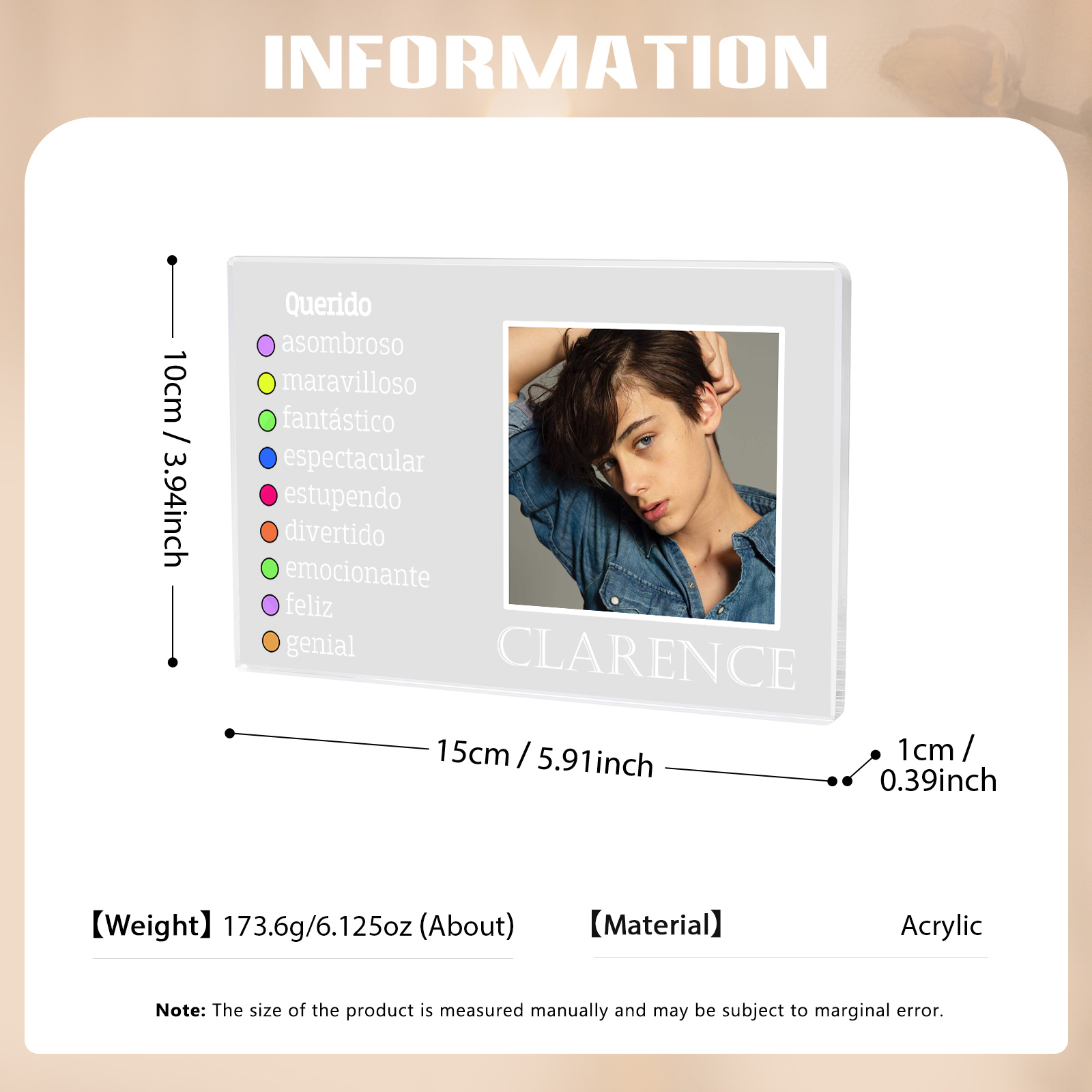 Vuelta al cole-Placa de acrílico en forma de rectángulo con nombre y foto personalizados