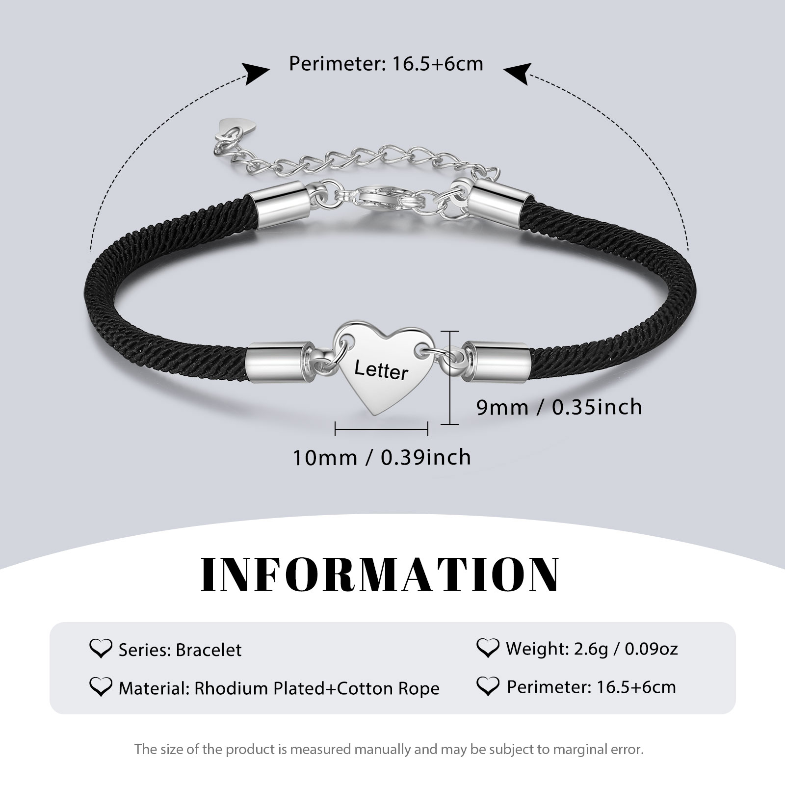 Pulsera de cuerda con dije de corazón 1-4 letras personalizadas-Jessemade ES