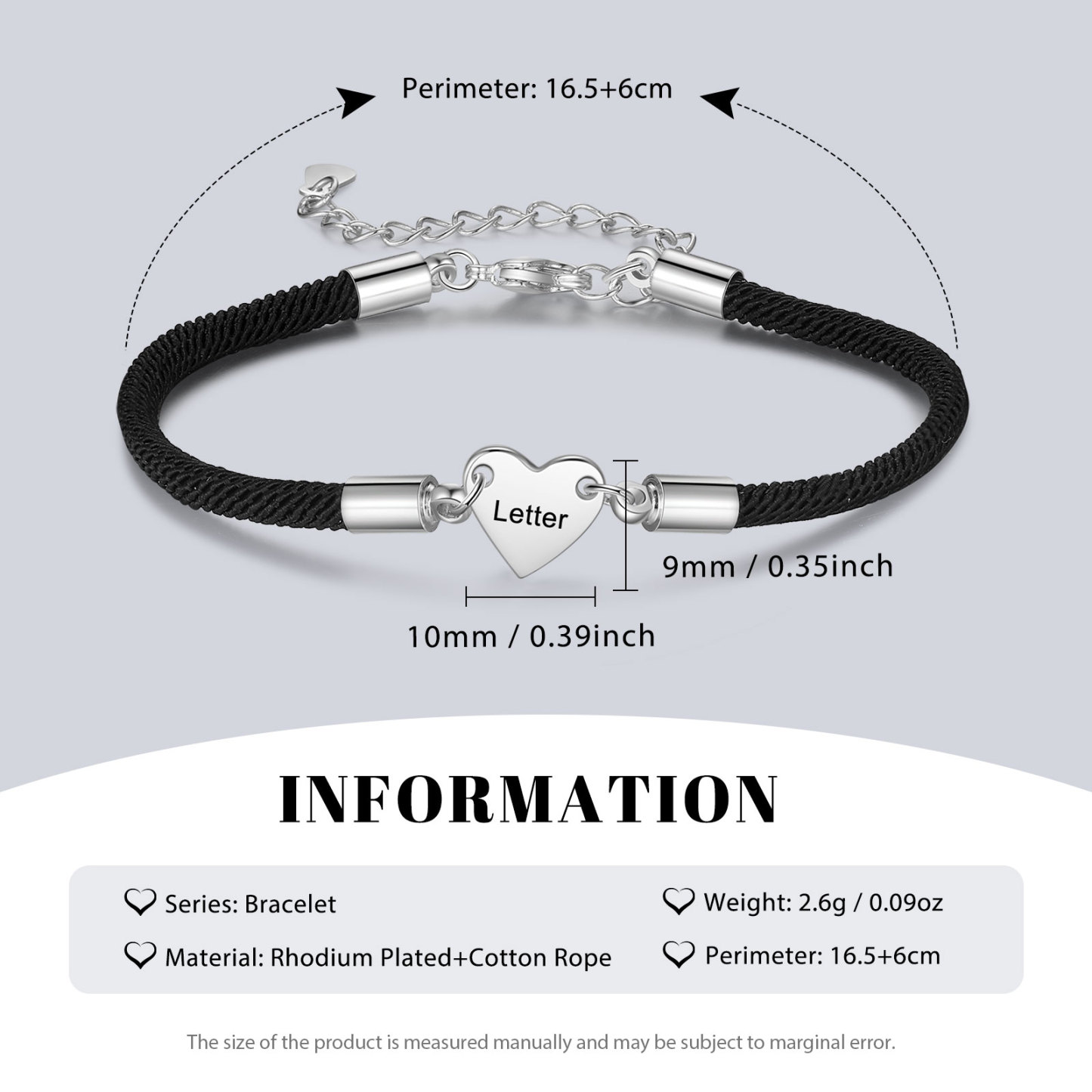 Pulsera de cuerda con dije de corazón 1-4 letras personalizadas-Jessemade ES