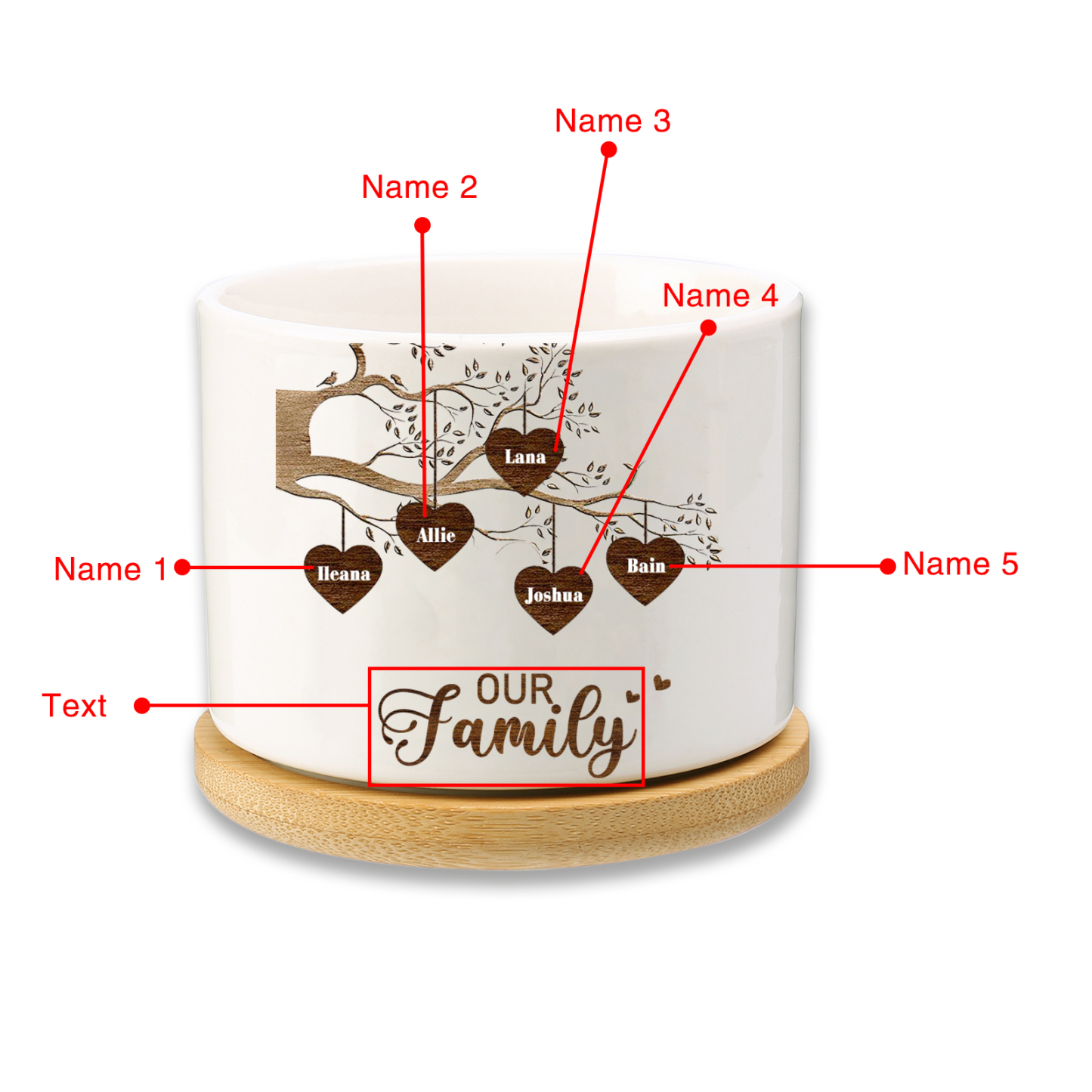 Florero con base de cerámica árbol de corazones 2-8 nombres personalizados con texto decoración del hogar-Jessemade ES