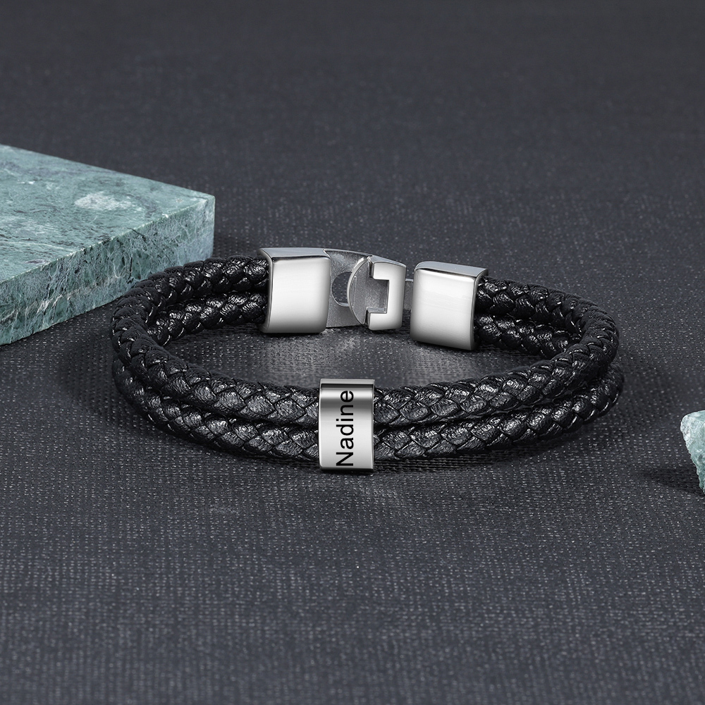 Pulsera 1-8 Nombres Personalizados de Cuero Trenzado con Aros-Jessemade ES