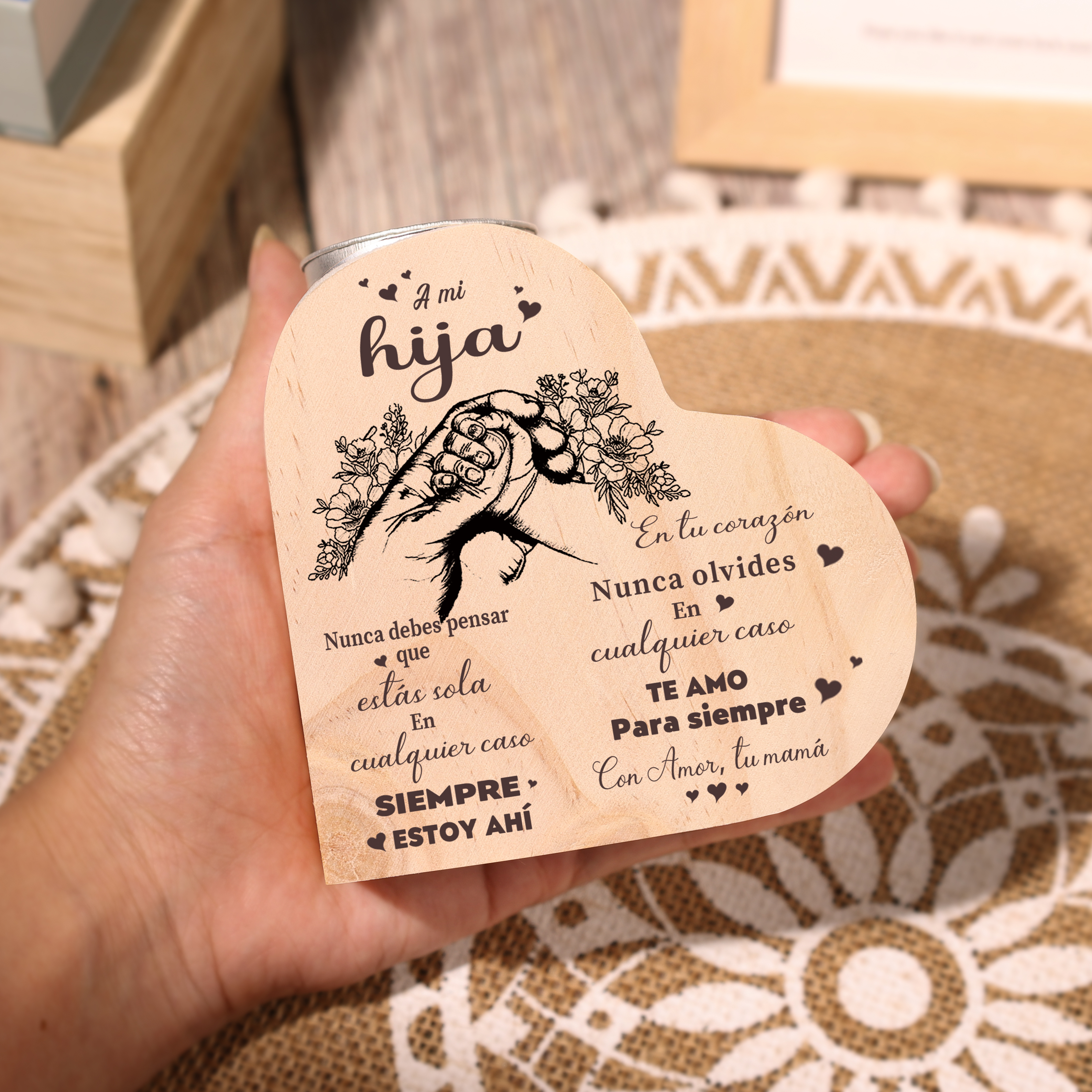 Candelero de corazón para hija de mamá de madera de corazón sin candela-Jessemade ES