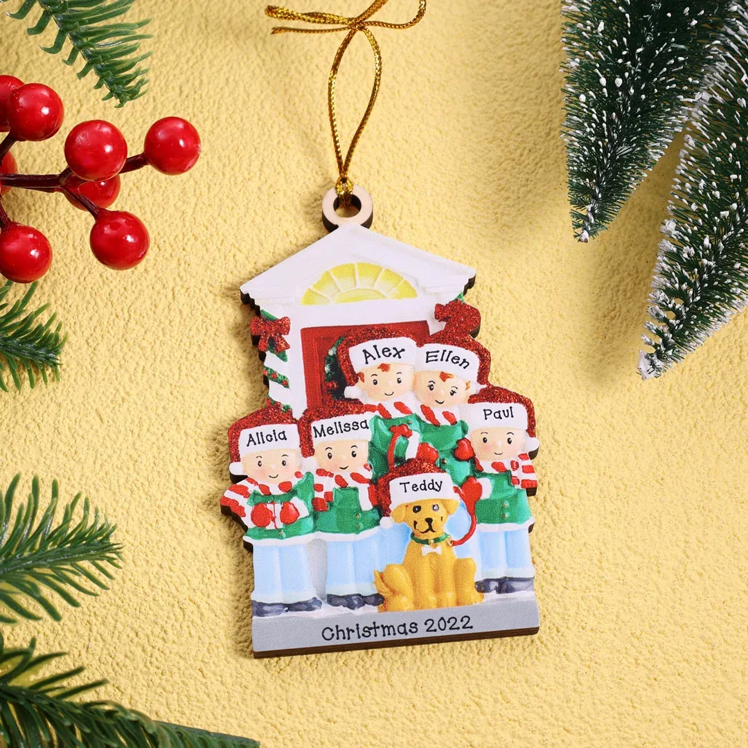 Navidad-Muñecos con perro ornamentos navideños 6 nombres con texto personalizados Adorno de Madera