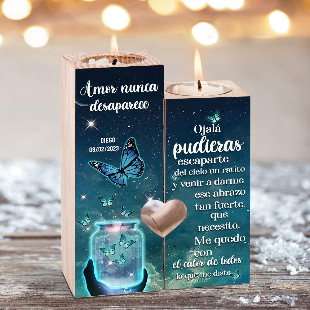 Candelero de dos piezas en memoria de ser querido de madera nombre y año personalizados sin vela-Jessemade ES