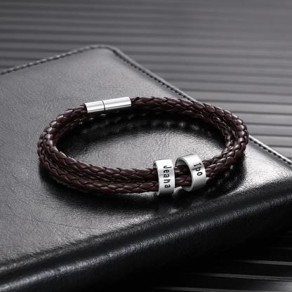 Pulsera de cuero trenzado personalizada con 2 nombres en 2 cuentas-Jessemade ES