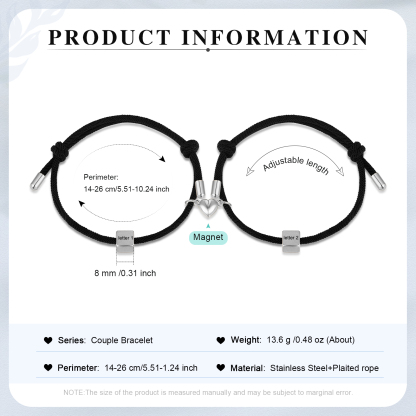 Pulseras de cuerda personalizadas para pareja con dije de corazón magnético grabado de dos letras-Jessemade ES