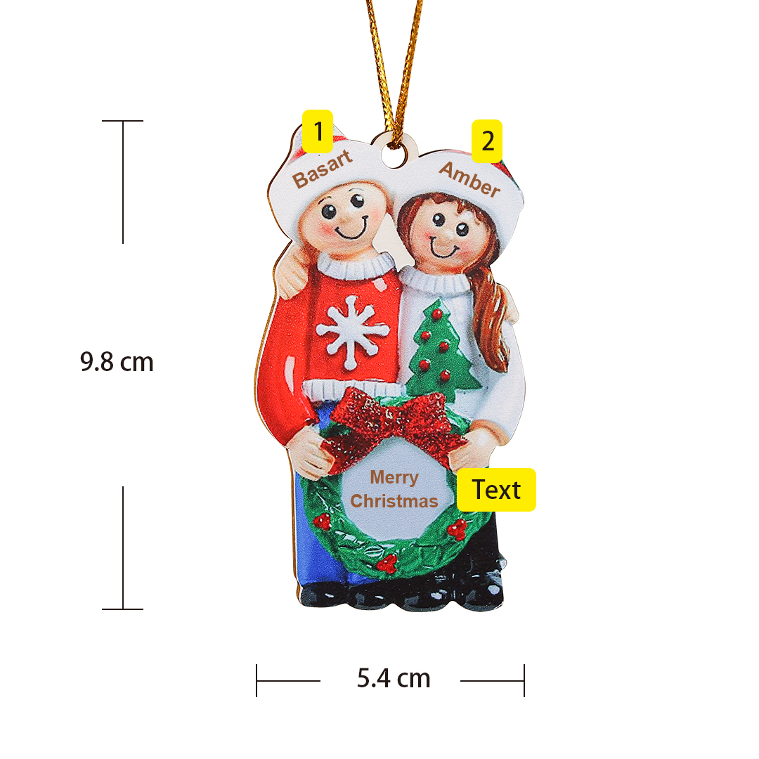 Navidad-Ornamentos Muñecos de Pareja 2 Nombres y Texto Personalizados Adorno de Madera