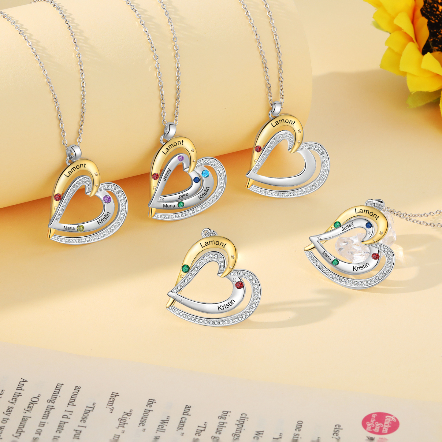 Collar de corazón con 2 nombres y piedras de nacimiento personalizados-Jessemade ES