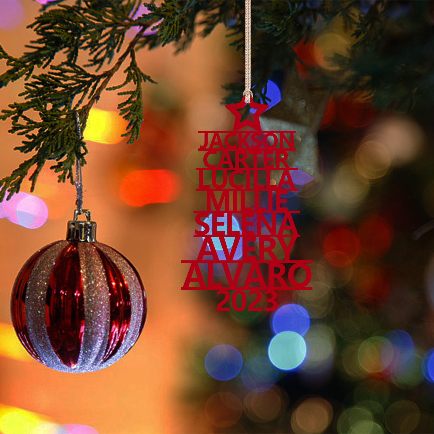 Navidad-Ornamento navideño de madera árbol de nombres con 7 nombres y año personalizados