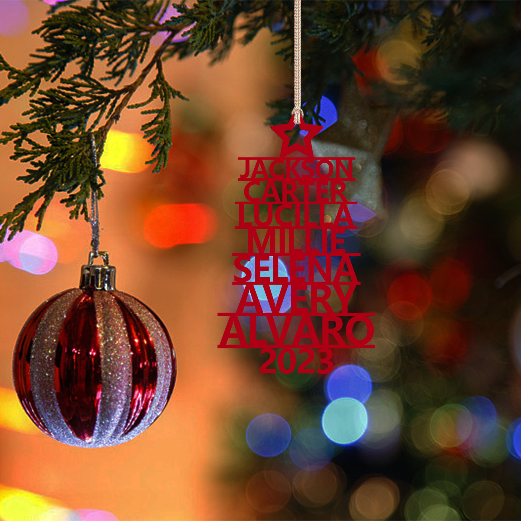 Navidad-Ornamento navideño de madera árbol de nombres con 7 nombres y año personalizados